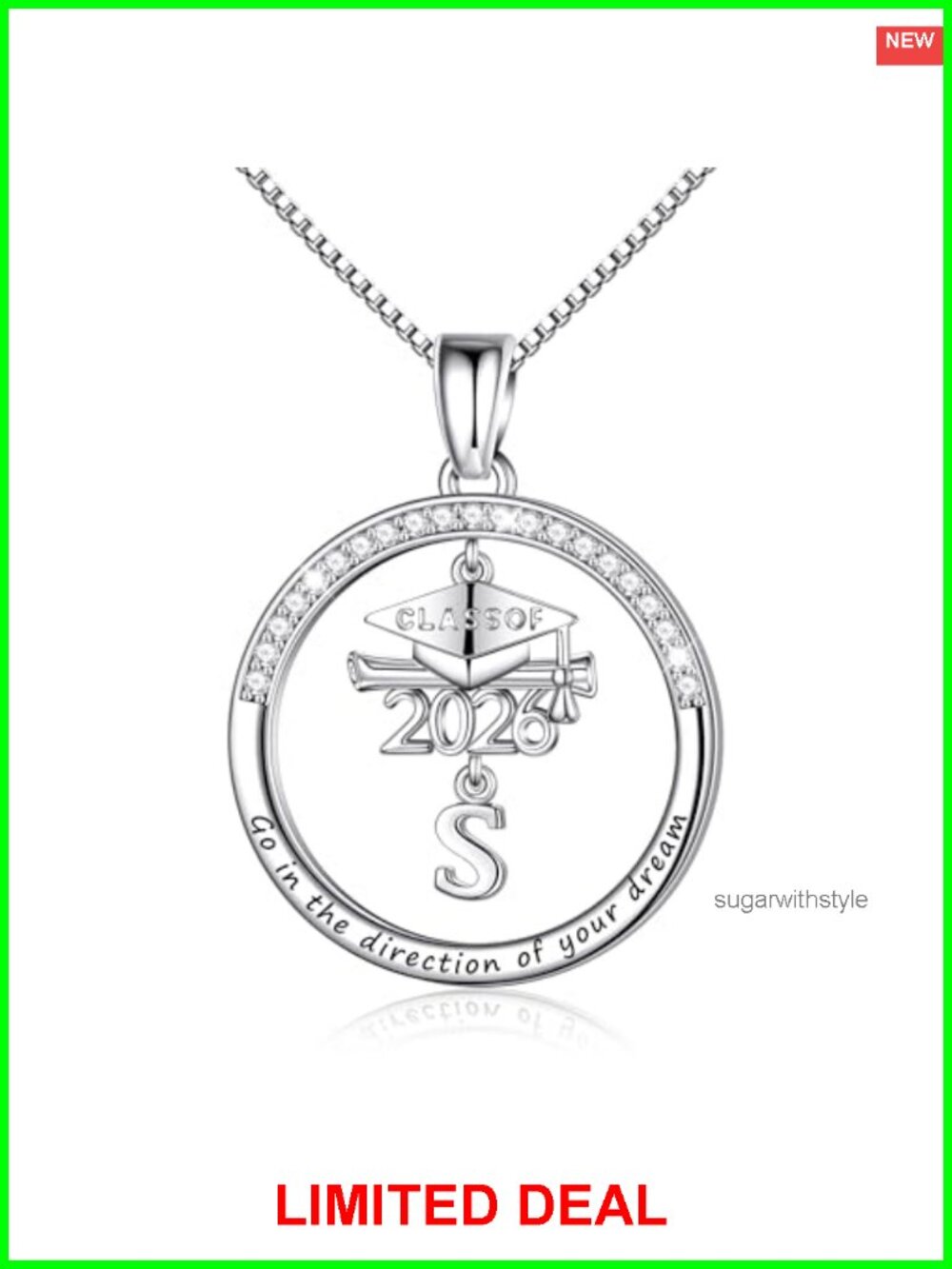 Ritach Class of 2026 Graduation Cap Initial Necklace White Gold Plated Cubic